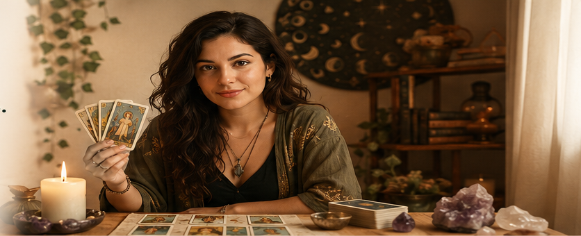 Luna segurando cartas de Tarot em um ambiente acolhedor